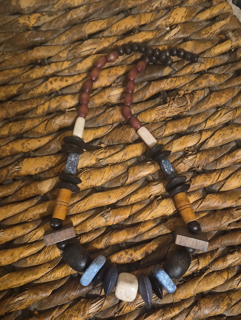 Vintage Boho Chunky Mixed Wood & Stone Beaded Tribal Necklace